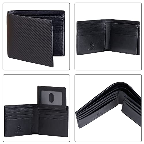 VISOUL Mens Carbon Fiber Leather Wallets Bifold with RFID Blocking, Designer Billfold Wallet with 1 ID window for Men (Black+Black) - Image 3