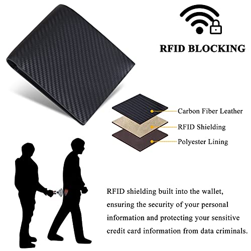 VISOUL Mens Carbon Fiber Leather Wallets Bifold with RFID Blocking, Designer Billfold Wallet with 1 ID window for Men (Black+Black) - Image 5