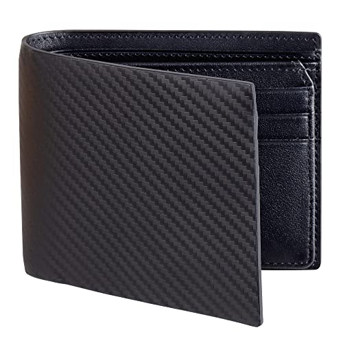 VISOUL Mens Carbon Fiber Leather Wallets Bifold with RFID Blocking, Designer Billfold Wallet with 1 ID window for Men (Black+Black) - Image 1