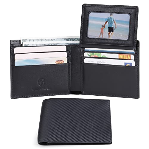 VISOUL Mens Carbon Fiber Leather Wallets Bifold with RFID Blocking, Designer Billfold Wallet with 1 ID window for Men (Black+Black) - Image 2