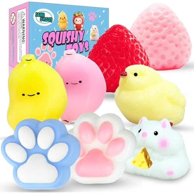 JANESVISSY 8 Pcs Taba Squishies Pack - Squishy Pack Include (2 Strawberry, 2 Cat Paws,2 Banana,1 Hamster,1 Chick),Squishy Fidget Toys Set,Gifts for Kids, Party Favors - Cute Taba Handmade Stress Toys - Image 1