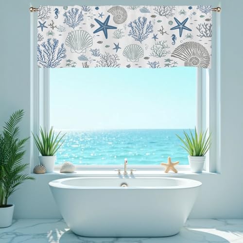 SIOQCKIS Coastal Valances for Windows, Summer Nautical Valances for Windows, Blue Seaside Valance Curtains Ocean Starfish Shell Kitchen Window Decor Conch Coral Living Room Bedroom Bathroom 51x18in - Image 5