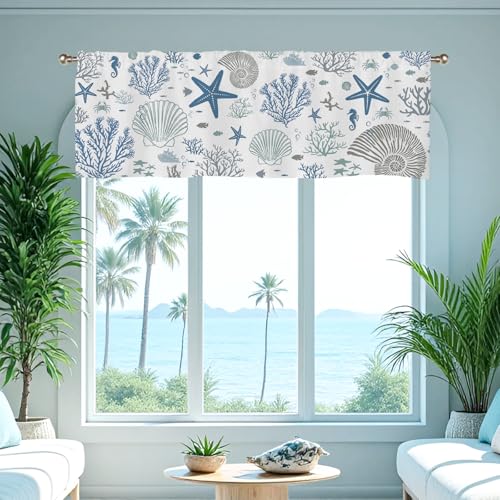 SIOQCKIS Coastal Valances for Windows, Summer Nautical Valances for Windows, Blue Seaside Valance Curtains Ocean Starfish Shell Kitchen Window Decor Conch Coral Living Room Bedroom Bathroom 51x18in - Image 4