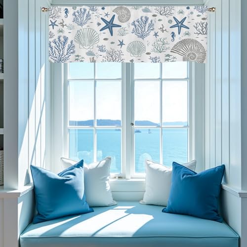 SIOQCKIS Coastal Valances for Windows, Summer Nautical Valances for Windows, Blue Seaside Valance Curtains Ocean Starfish Shell Kitchen Window Decor Conch Coral Living Room Bedroom Bathroom 51x18in - Image 2