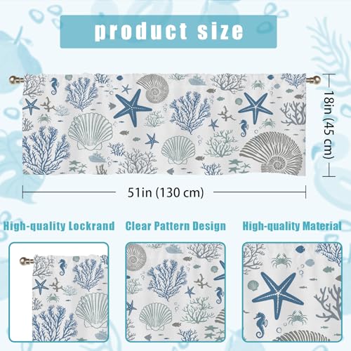 SIOQCKIS Coastal Valances for Windows, Summer Nautical Valances for Windows, Blue Seaside Valance Curtains Ocean Starfish Shell Kitchen Window Decor Conch Coral Living Room Bedroom Bathroom 51x18in - Image 3