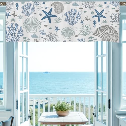 SIOQCKIS Coastal Valances for Windows, Summer Nautical Valances for Windows, Blue Seaside Valance Curtains Ocean Starfish Shell Kitchen Window Decor Conch Coral Living Room Bedroom Bathroom 51x18in - Image 1