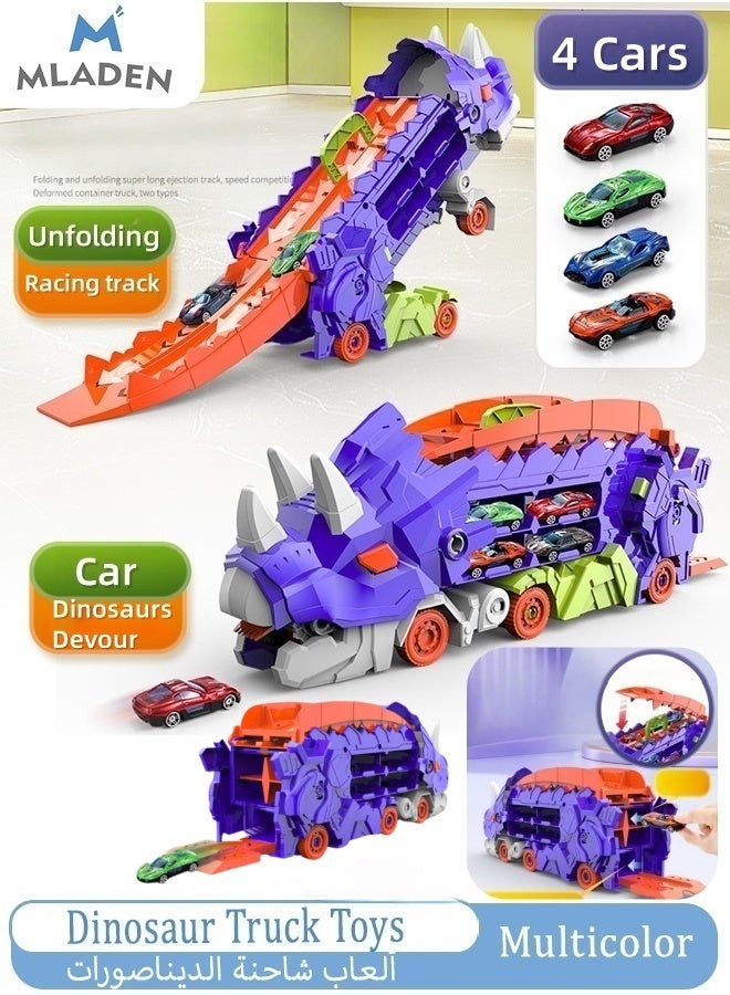 MLADEN Dinosaur Truck Toys, Dinosaur Transporter Car Carrier with Foldable Sliding Track,Dinosaur Transport Truck with 4 Metal Cars, City Dinosaur Ultimate Hauler Track Toy Transforms into Dino, Toys Gifts for Age 3-7 Year & Up Boy Girls Best Gift  - Image 1