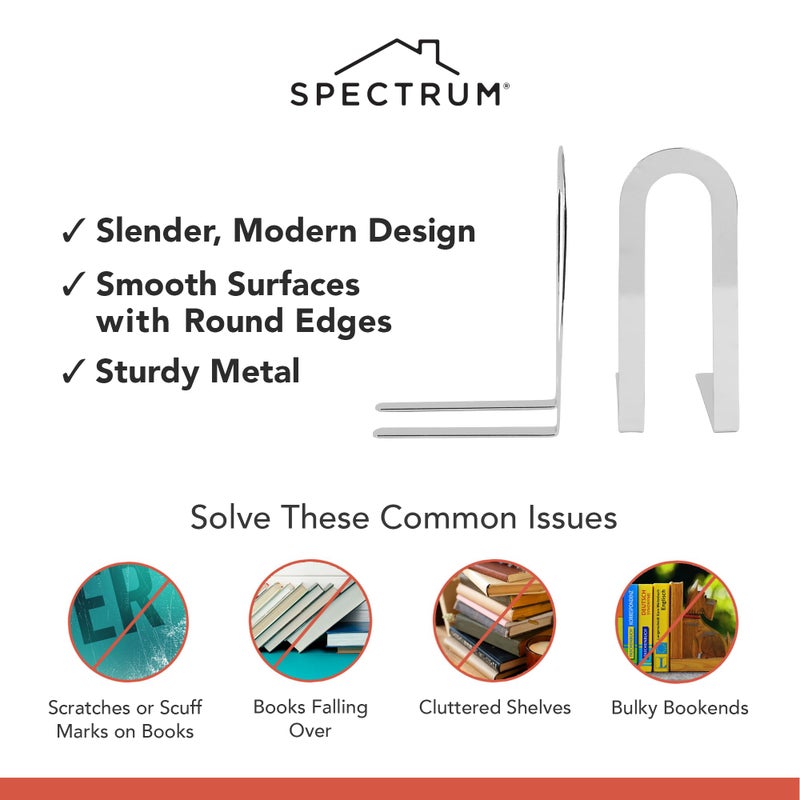 Spectrum Diversified Spectrum Elements Book Ends for Shelves, Small - Decorative Bookends Book Shelf Organizer for Heavy & Light Books - Modern Metal Book Holders with Minimalist Design - Chrome - Image 3
