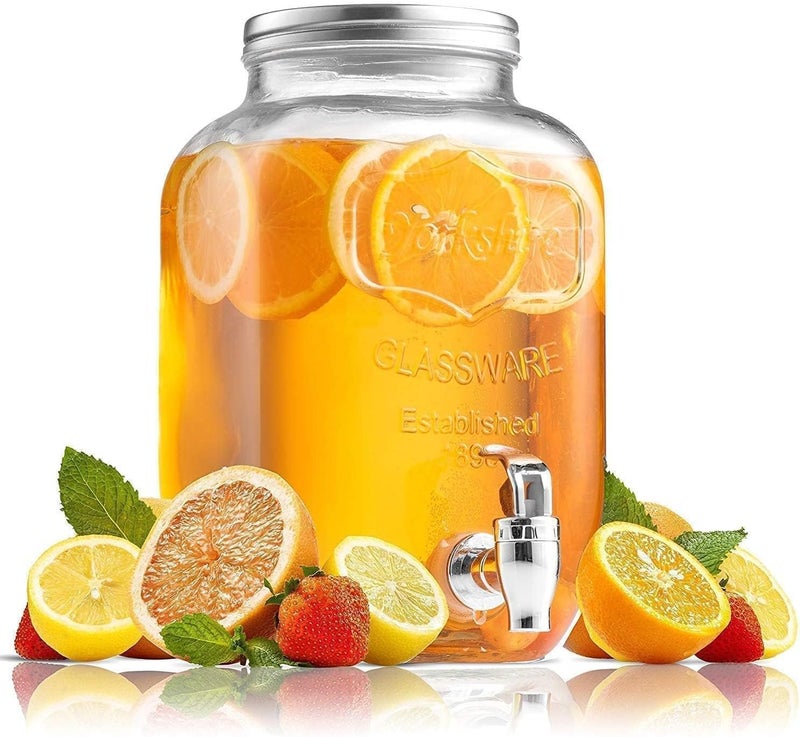 VILON 5 LTR Glass Water Beverage Dispenser - Air Tight Lid Glass Pitcher for Detox Water - Mason Jar - Counter Table Top Juice Water Beer Dispenser for Home & Kitchen Restaurant Party - Image 1