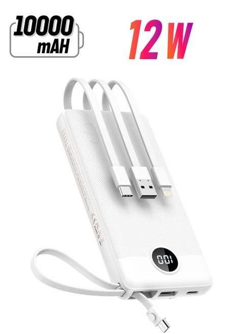 promass Power Bank with Built in Cables, Portable Charger for iPhone, USB C LCD Display External Battery iPhone Charger Bank Compatible with iPhone, iPad, Samsung (10000mAh White)