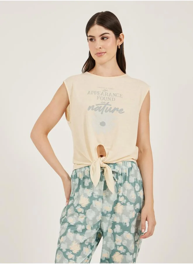 Styli Graphic Print Tank Top and Floral Print Cuffed Pyjama Set