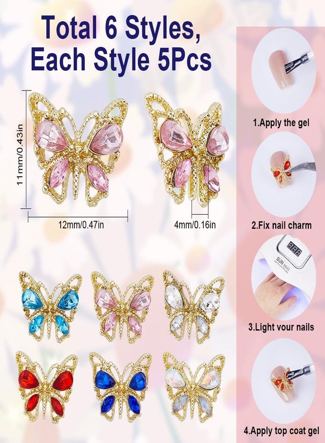 SUNNYCLUE 1 Box 30Pcs Butterfly Nail Charms Colorful Rhinestone Butterfly Nail Gems Small Metal Butterflies Nail Art Charm Blue Pink Clear 3D Shiny Nails Rhinestones for Finger Nails Acrylic Nail - Image 2
