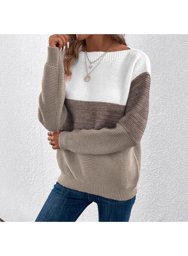 Europe And The United States Hot Women's Autumn And Winter Round Neck Sching Color Long Sleeve Sweater Loose Casual over Sweater