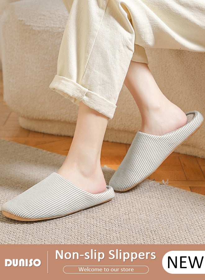 DUNISO نعال غير قابلة للانزلاق للرجال والنساء، نعال قطنية مريحة محبوكة، نعال منزلية مخططة، نعال خفيفة وناعمة، نعال مسطحة قابلة للغسل، نعال منزلية للاستخدام الداخلي والخارجي - Image 1