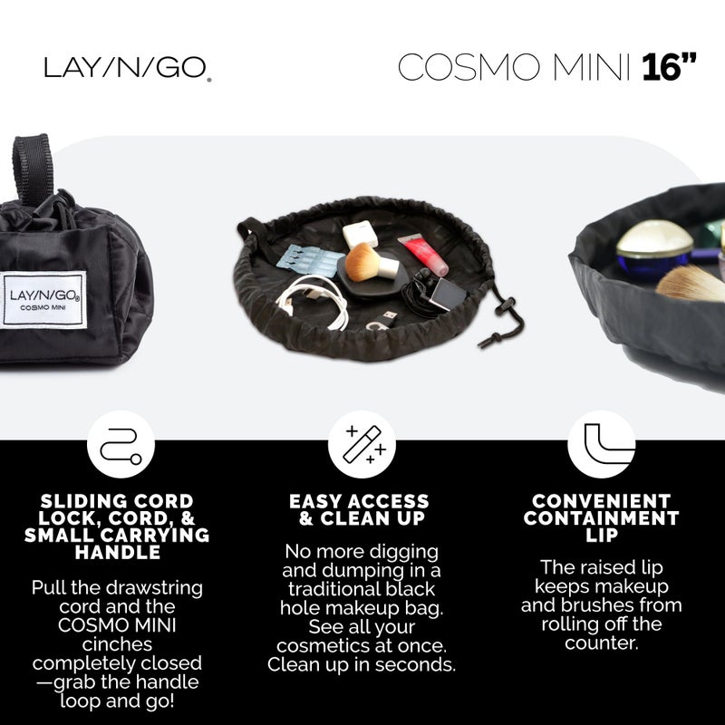 Lay-n-Go حقيبة مكياج وتنظيم مستحضرات التجميل Lay-n-Go Cosmo مع جيب بسحاب، حلقات فرشاة والمزيد، تُغلق بسحب، تُستخدم بشكل مسطح، متينة، قابلة للغسل في الغسالة، حقيبة أدوات السفر (16 بوصة، سوداء) - Image 3