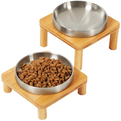 DoogCat Elevated Cat Bowls for Indoor Cats Raised Bamboo Cat Bowl Stand with 55 Inch Wide Stainless Steel Dishes Pet Food Table Plate for Easy Feeding Whisker FriendlySilverSet of 2 - Image 1