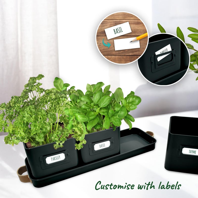 volila Herb Planter Indoor - Set of 3 Black Indoor Herb Garden Pots for Plants with Leather Handled Tray - Window Sill Plant Shelf - Herb Pots with Drainage Holes and Labels - Image 3