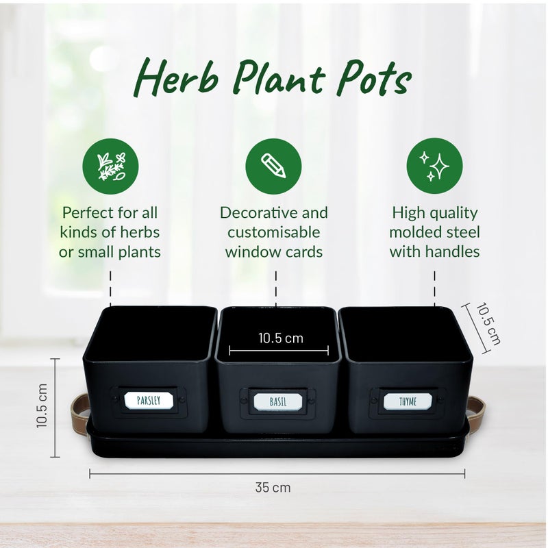volila Herb Planter Indoor - Set of 3 Black Indoor Herb Garden Pots for Plants with Leather Handled Tray - Window Sill Plant Shelf - Herb Pots with Drainage Holes and Labels - Image 2