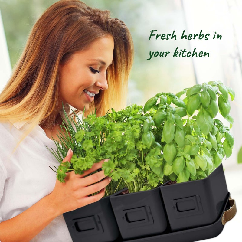 volila Herb Planter Indoor - Set of 3 Black Indoor Herb Garden Pots for Plants with Leather Handled Tray - Window Sill Plant Shelf - Herb Pots with Drainage Holes and Labels - Image 4
