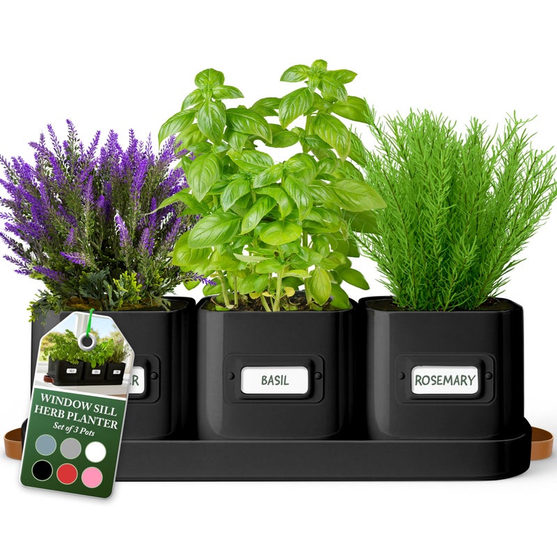 volila Herb Planter Indoor - Set of 3 Black Indoor Herb Garden Pots for Plants with Leather Handled Tray - Window Sill Plant Shelf - Herb Pots with Drainage Holes and Labels - Image 1