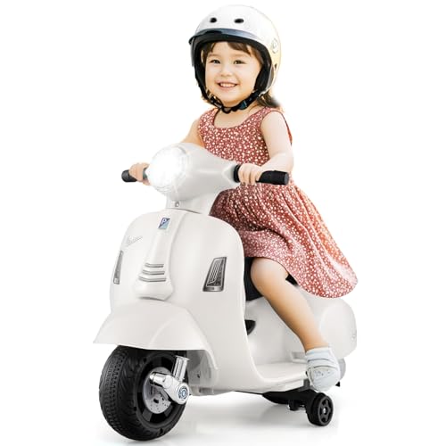 INFANS Licensed Vespa Kids Motorcycle by INFANS 6V Battery Powered Motorbike for Toddlers with Training Wheels Horn LED Lights Electric Ride on Toys for Boys Girls Aged 1836 Months White - Image 1