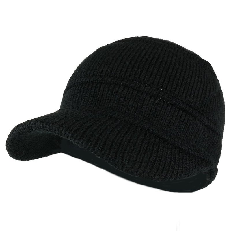 Armycrew Army Style Acrylic Cadet Winter Beanie Hat with Visor - Black - Image 1