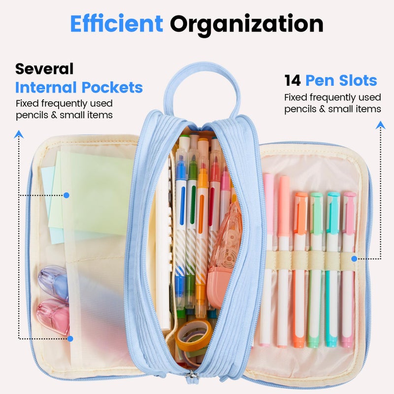 Sooez High Capacity Pencil Case, Soft Corduroy Pencil Pouch with 4 Compartments, Multiple Pockets, Large Pencil Bag with Sturdy Zipper, Cute Pencil Case Pouch Organizer for Student Teen Girls, Blue - Image 5
