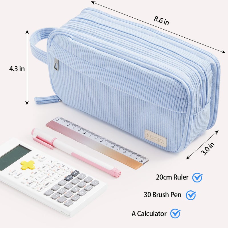 Sooez High Capacity Pencil Case, Soft Corduroy Pencil Pouch with 4 Compartments, Multiple Pockets, Large Pencil Bag with Sturdy Zipper, Cute Pencil Case Pouch Organizer for Student Teen Girls, Blue - Image 4