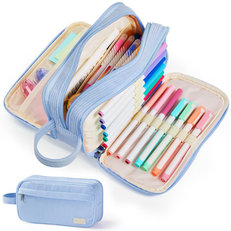 Sooez High Capacity Pencil Case, Soft Corduroy Pencil Pouch with 4 Compartments, Multiple Pockets, Large Pencil Bag with Sturdy Zipper, Cute Pencil Case Pouch Organizer for Student Teen Girls, Blue - Image 1