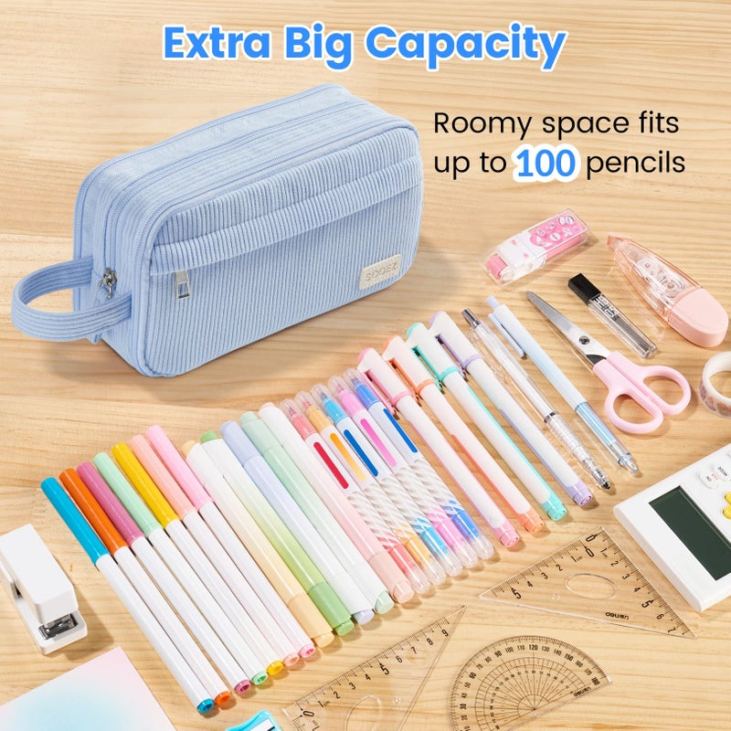 Sooez High Capacity Pencil Case, Soft Corduroy Pencil Pouch with 4 Compartments, Multiple Pockets, Large Pencil Bag with Sturdy Zipper, Cute Pencil Case Pouch Organizer for Student Teen Girls, Blue - Image 3