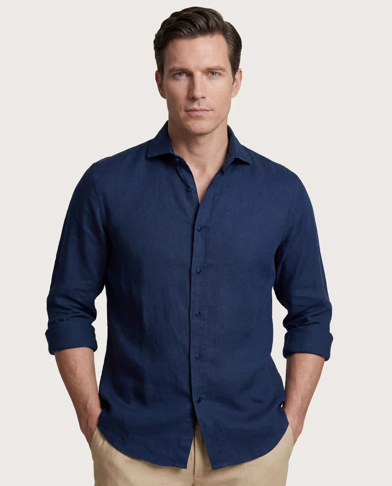 كاميتشسما Trendy Navy Blue Linen Slim Comfort Shirt