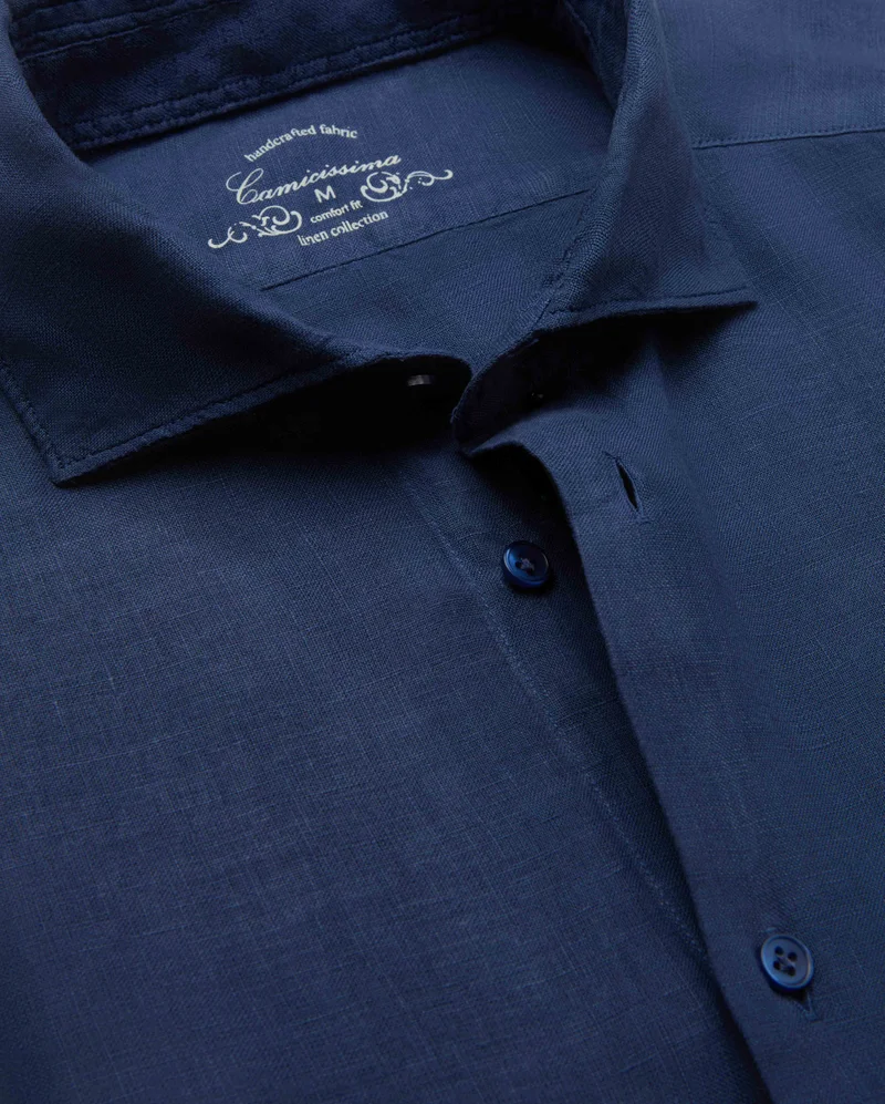 كاميتشسما Trendy Navy Blue Linen Slim Comfort Shirt