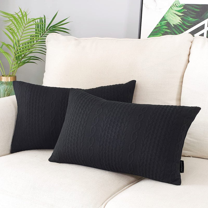 Booque Valley Rectangular Throw Pillow Covers Pack of 2 Super Soft Elegant Modern Knit Lumber Black Cushion Covers Oblong Pillowcases for Sofa Bed Car Chair 12 x 20 inch Black