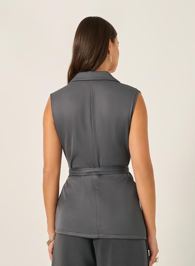 Styli Solid Regular Fit Belt Longline Waistcoat  - Image 5