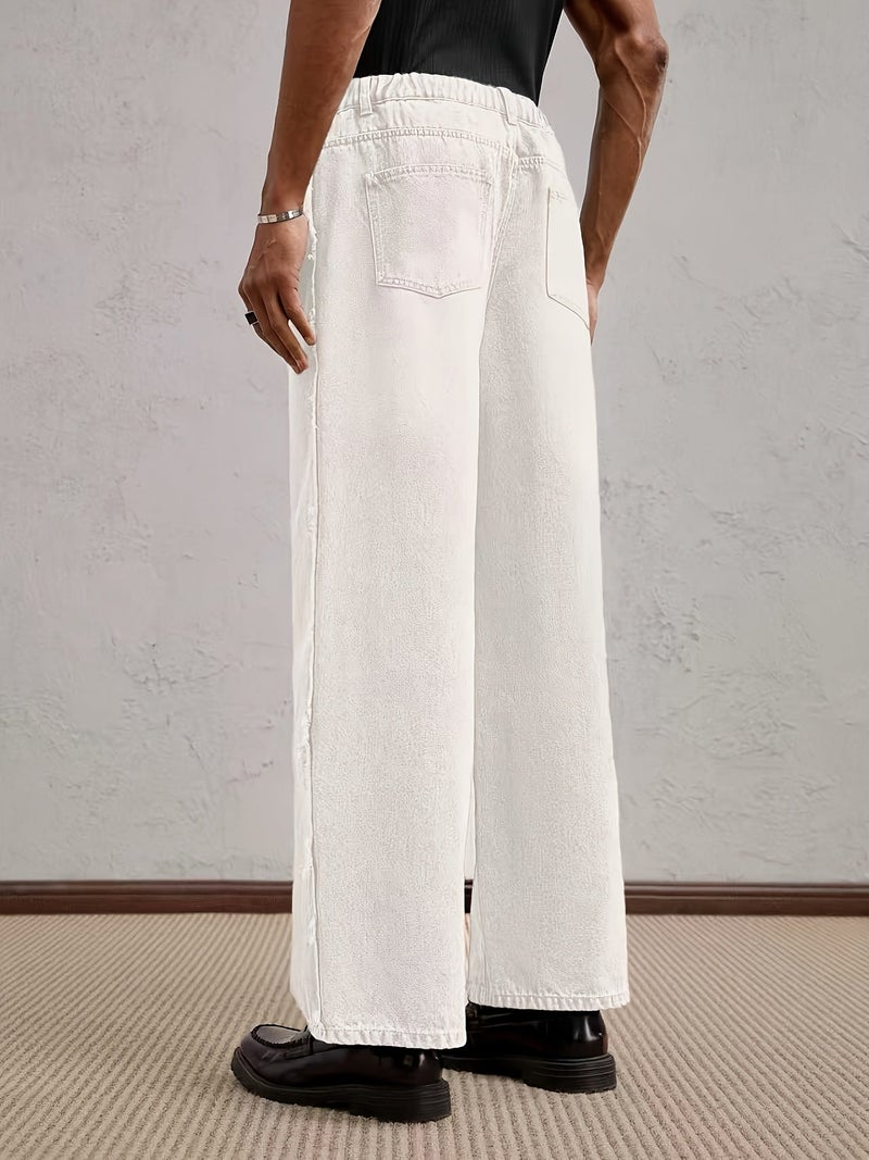 Men'S Pure Washed Pure White Jeans Straight Fit Long Trousers - Image 5