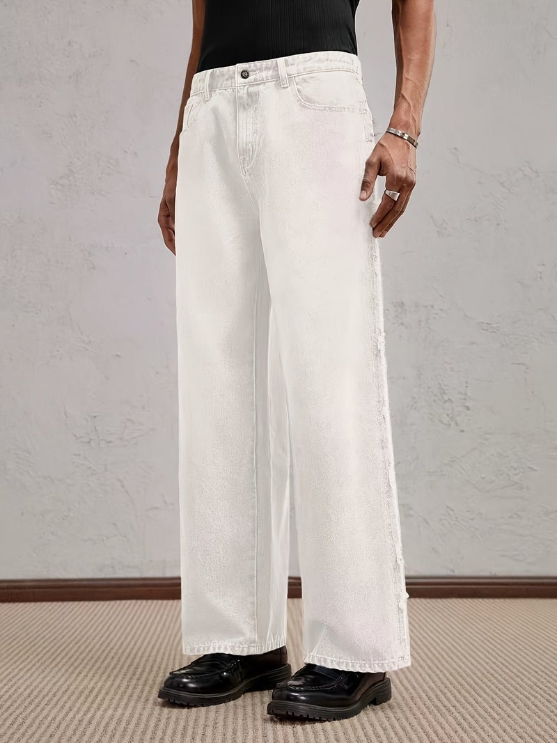 Men'S Pure Washed Pure White Jeans Straight Fit Long Trousers - Image 3