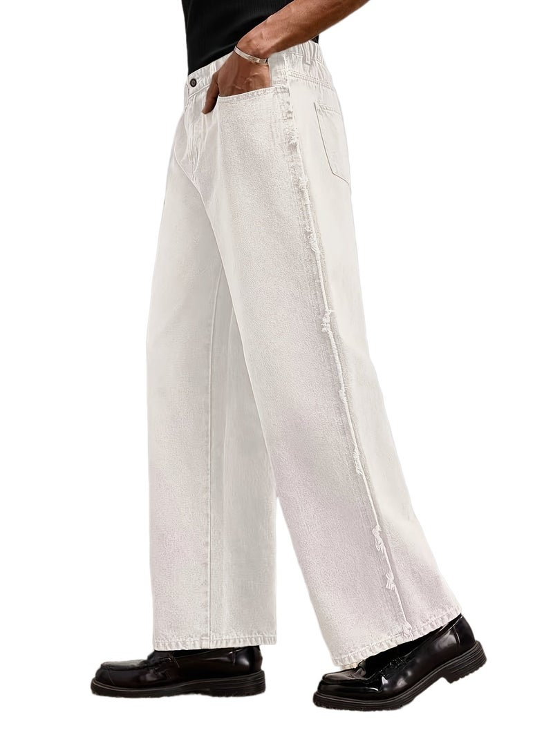 Men'S Pure Washed Pure White Jeans Straight Fit Long Trousers - Image 1