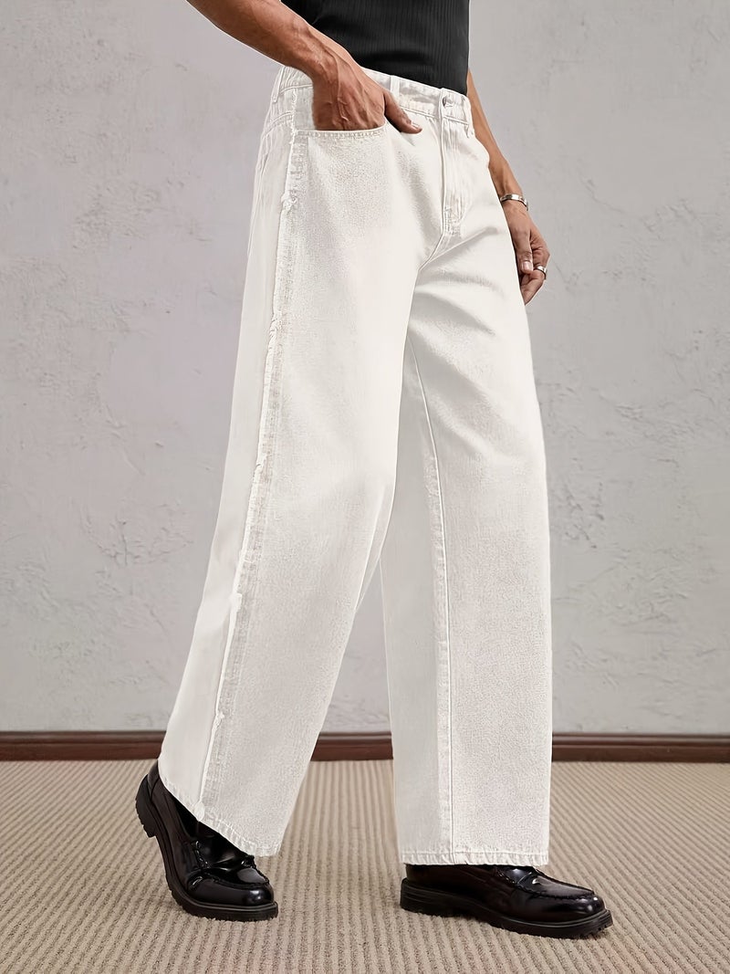 Men'S Pure Washed Pure White Jeans Straight Fit Long Trousers - Image 4