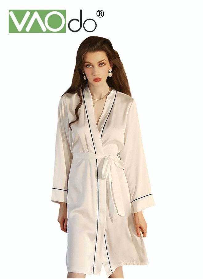 VAOdo - Women's Bathrobe Light Luxury Ice Silk Satin Cooling Nightgown Wrapping Design Breathable Skin-friendly Bathrobe White - Image 1