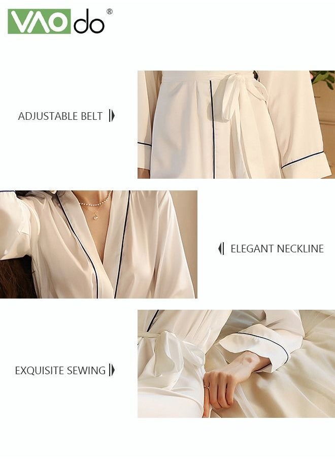 VAOdo - Women's Bathrobe Light Luxury Ice Silk Satin Cooling Nightgown Wrapping Design Breathable Skin-friendly Bathrobe White - Image 1