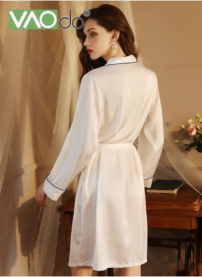 VAOdo - Women's Bathrobe Light Luxury Ice Silk Satin Cooling Nightgown Wrapping Design Breathable Skin-friendly Bathrobe White - Image 1