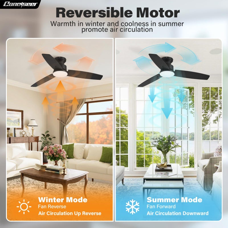 Conciseer Modern 42 Inch Ceiling Fans with Lights and Remote, Bedroom Living Room Office, Flush Mount, 18W 3CCT Dimmable, Dual Color 3 Blades 6 Speed Reversible Quiet DC Motor, Black/Wood Grain - Image 5