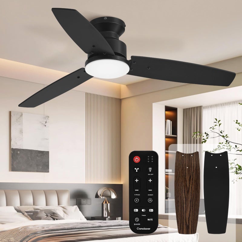Conciseer Modern 42 Inch Ceiling Fans with Lights and Remote, Bedroom Living Room Office, Flush Mount, 18W 3CCT Dimmable, Dual Color 3 Blades 6 Speed Reversible Quiet DC Motor, Black/Wood Grain - Image 1
