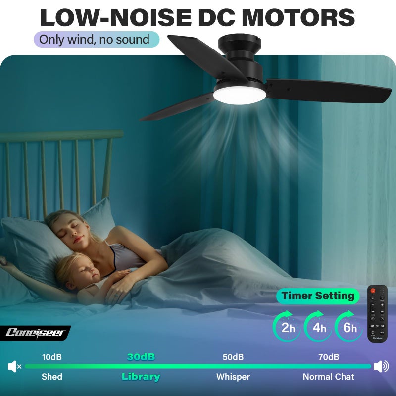 Conciseer Modern 42 Inch Ceiling Fans with Lights and Remote, Bedroom Living Room Office, Flush Mount, 18W 3CCT Dimmable, Dual Color 3 Blades 6 Speed Reversible Quiet DC Motor, Black/Wood Grain - Image 2