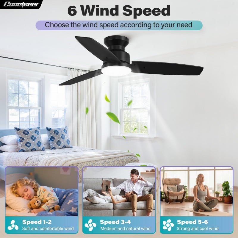 Conciseer Modern 42 Inch Ceiling Fans with Lights and Remote, Bedroom Living Room Office, Flush Mount, 18W 3CCT Dimmable, Dual Color 3 Blades 6 Speed Reversible Quiet DC Motor, Black/Wood Grain - Image 3