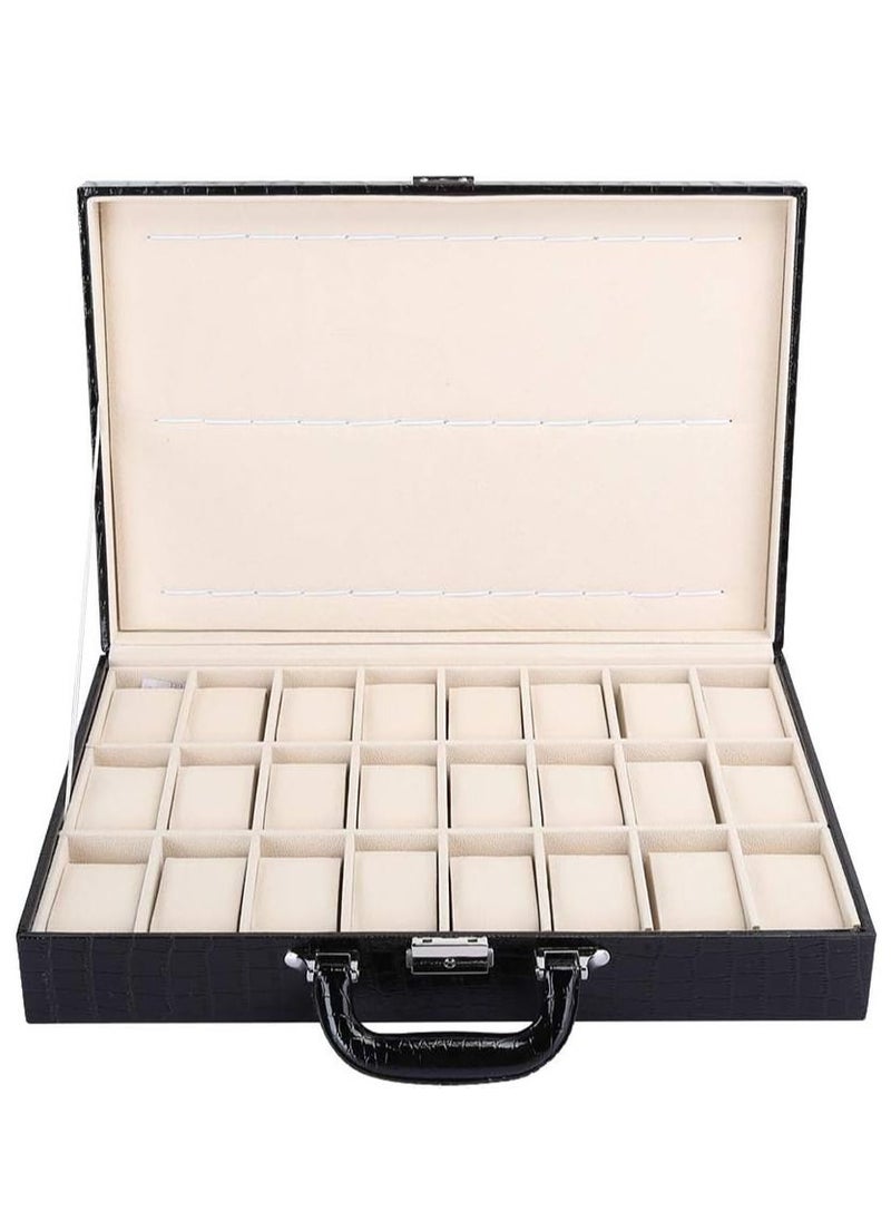 Generic - 24 Grid Black Leather Suitcase Display Storage Box Storage Box Clock - Image 1