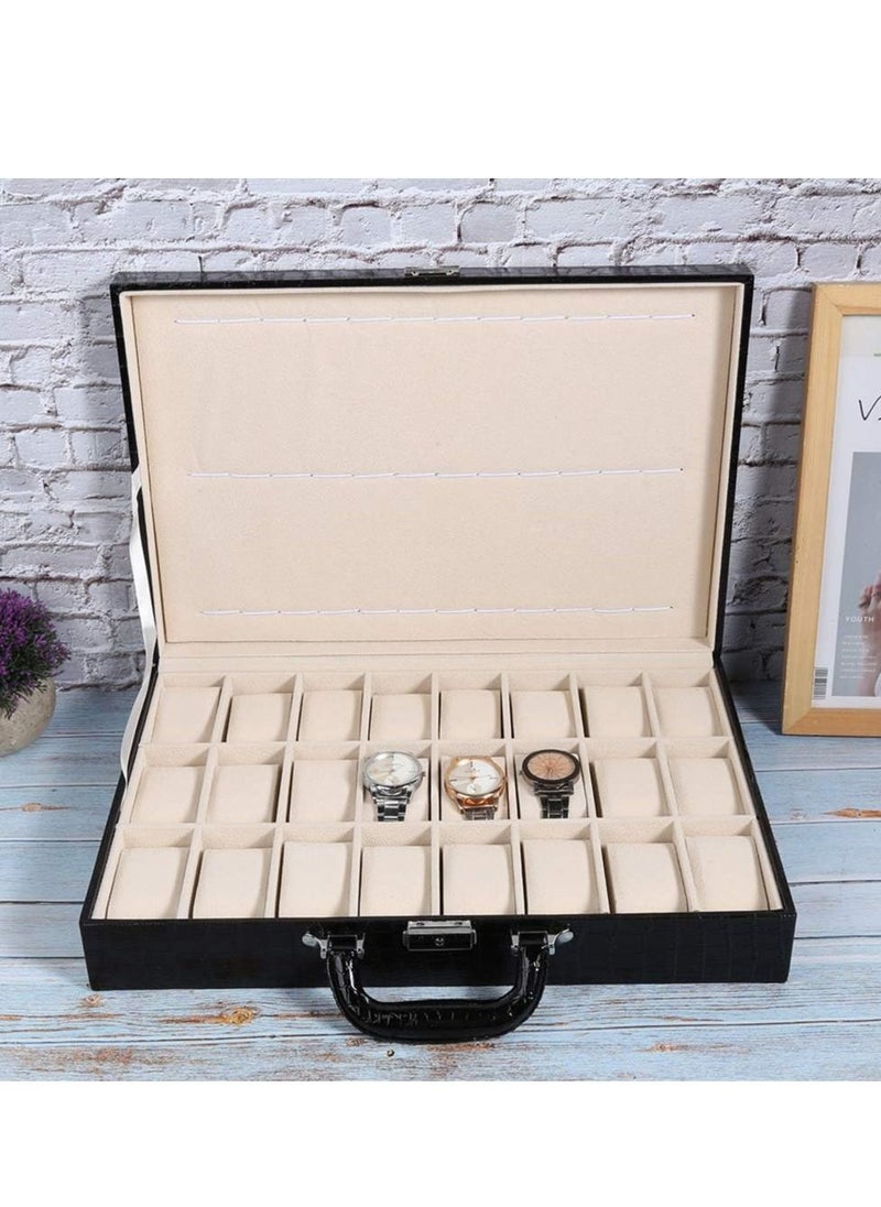 Generic - 24 Grid Black Leather Suitcase Display Storage Box Storage Box Clock - Image 1