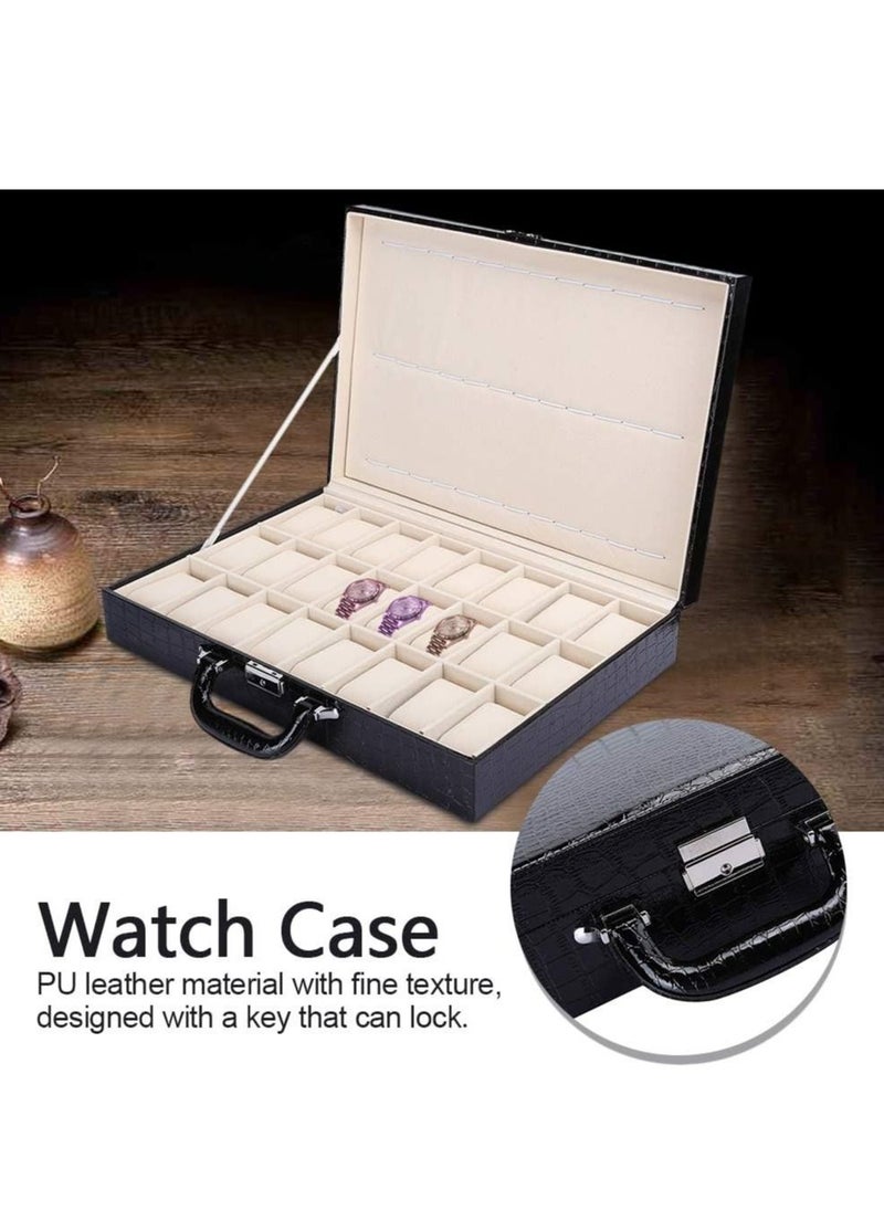 Generic - 24 Grid Black Leather Suitcase Display Storage Box Storage Box Clock - Image 1