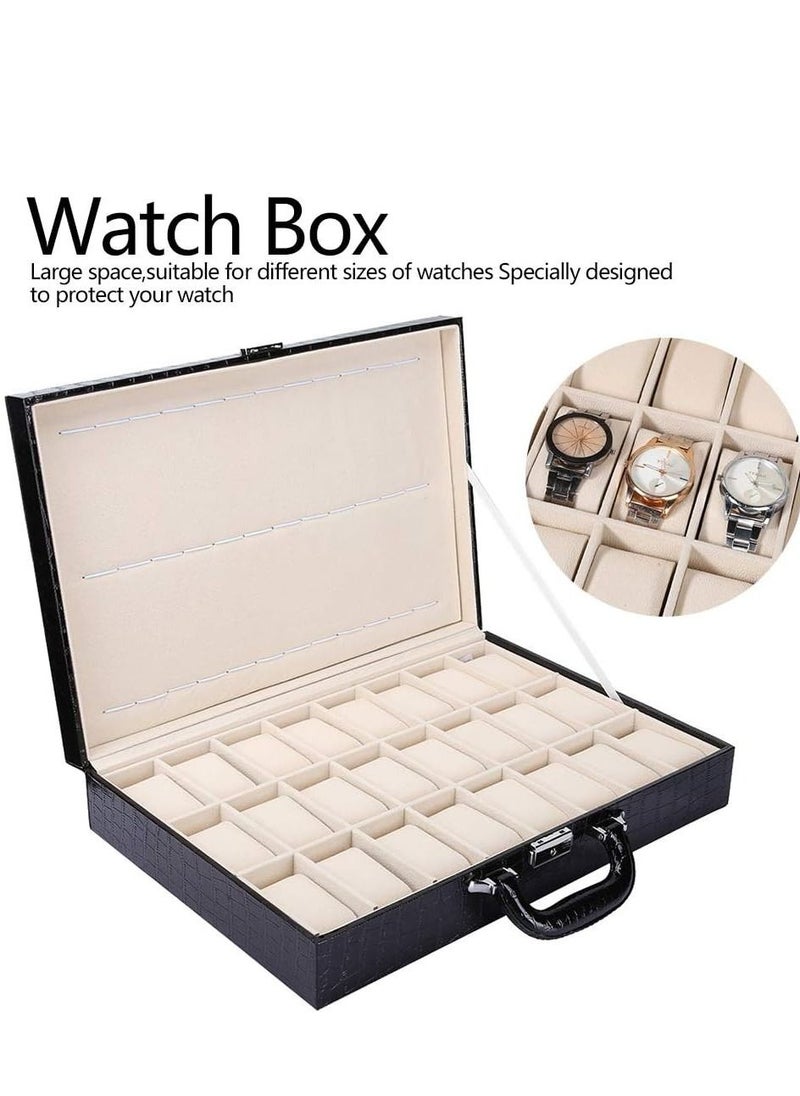 Generic - 24 Grid Black Leather Suitcase Display Storage Box Storage Box Clock - Image 1