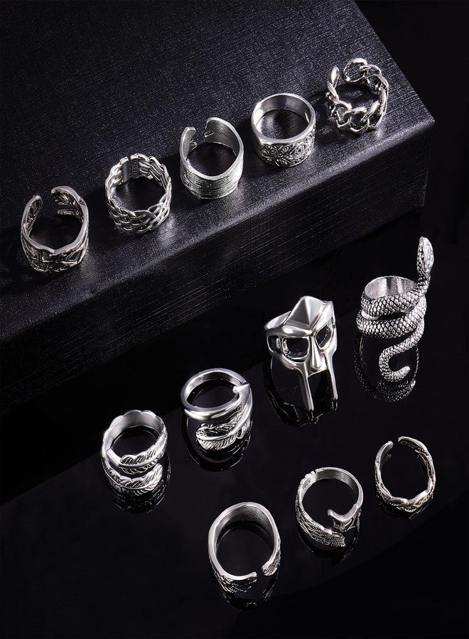 FEYIR 12 Pcs Vintage Rings for Men Adjustable Punk Gothic Viking Feather Angel Wings Snake Mask Rings Set, Adjustable, Metal, No Gemstone - Image 4